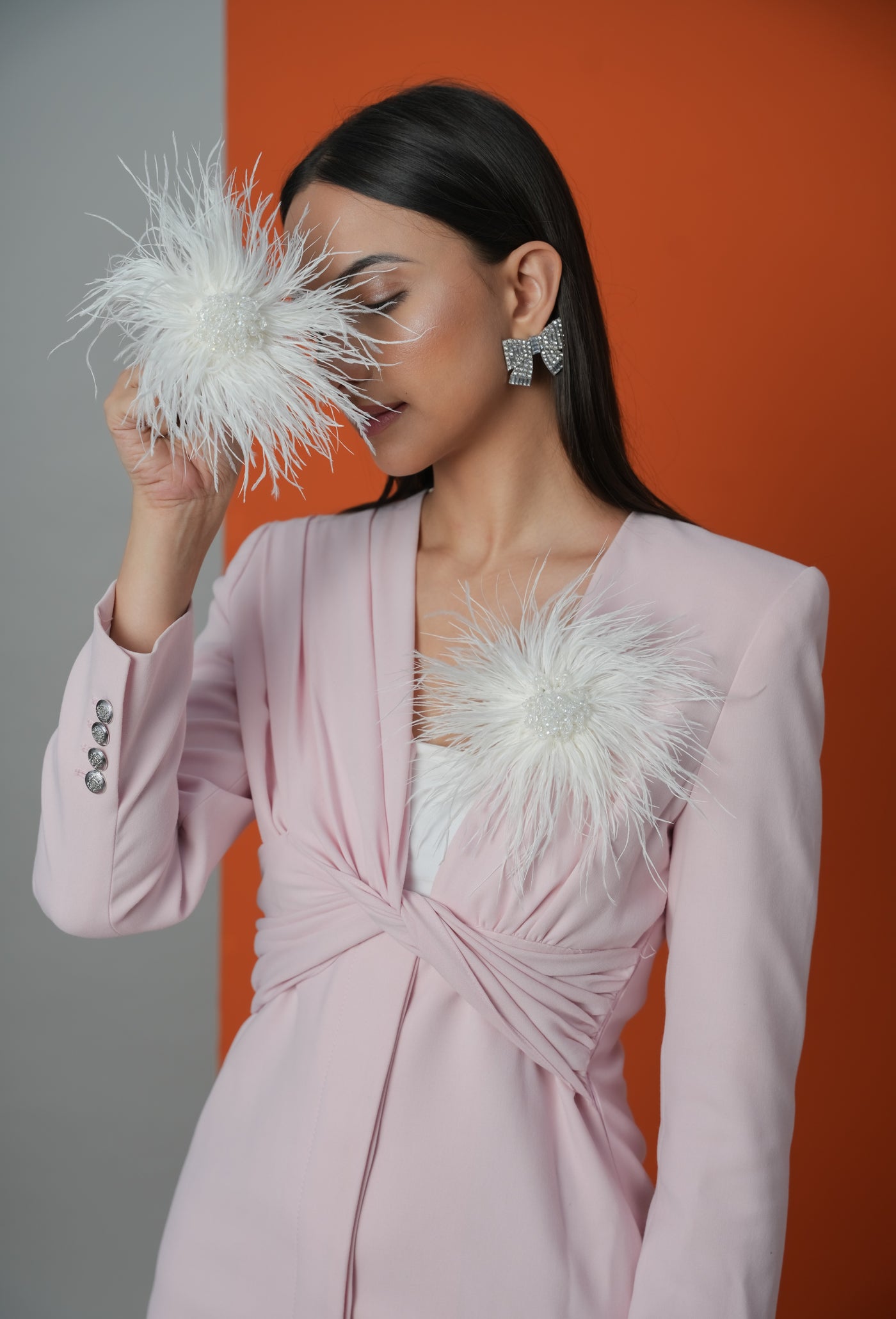 Feather Crystal Brooch White