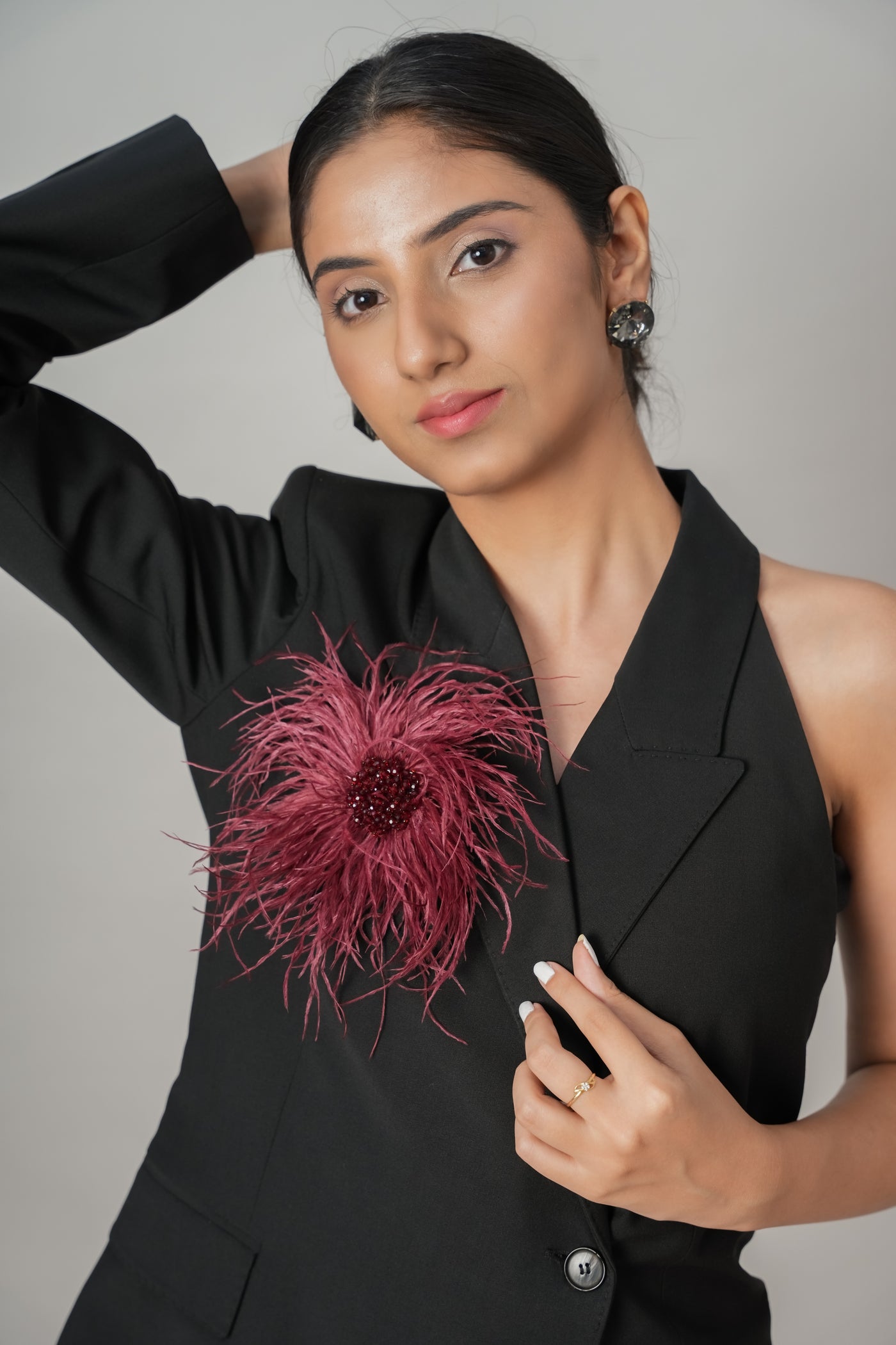 Feather Crystal Brooch Maroon